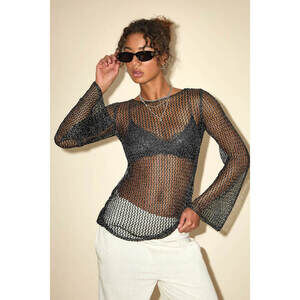 Lulus Kahele Shiny Black Sheer Open-knit Long Sleeve Tunic Top - Size M